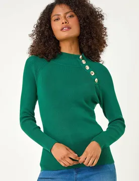 Women's High Neck Button Shoulder Jumper in Green Size: 18 - Green - Size: 18 - Dusk - FashionsVida