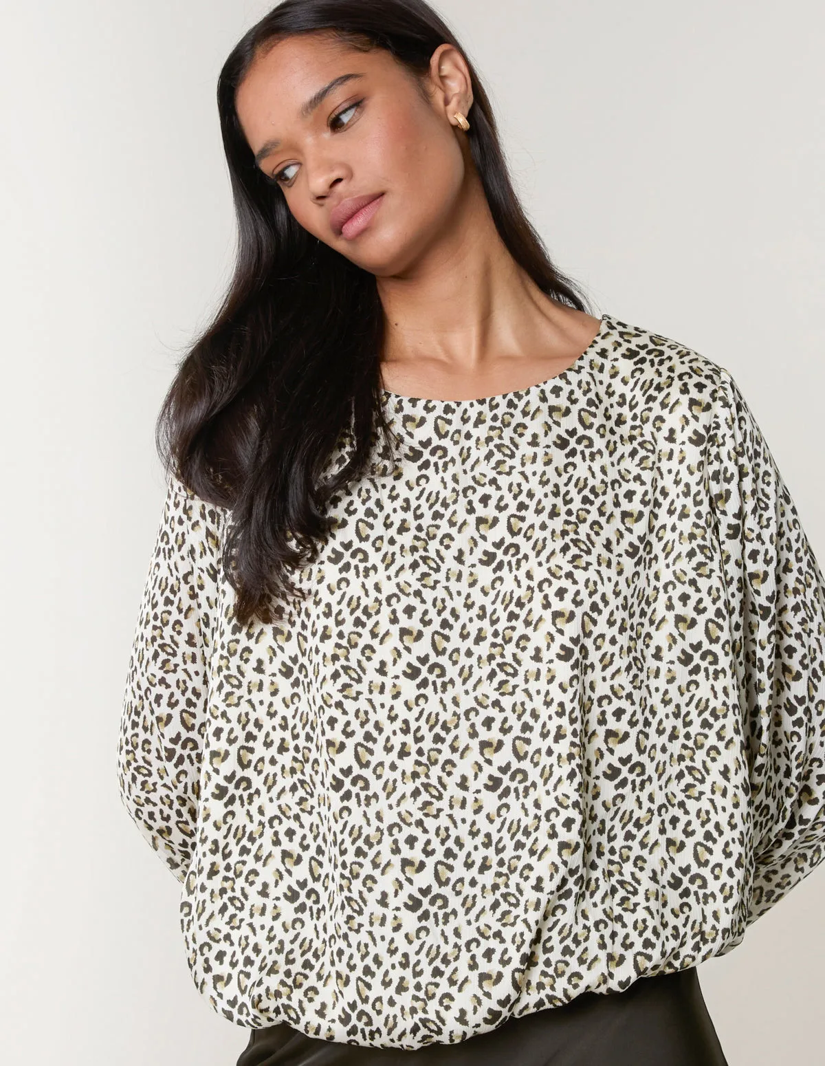 Leopard Print Elasticated Hem Blouse - M / KHAKI - female - Blue Vanilla - FashionsVida