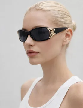 Unisex Vintage Wrap Around With Butterfly Detail Sunglasses in Black - Black - Size: One Size - SVNX - FashionsVida