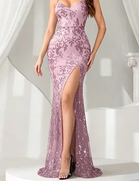 Vestido de sirena con espalda descubierta, cruzado y con abertura, con encaje y lentejuelas XL - Shein - FashionsVida