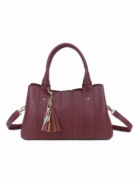 Women's Katze Striped PU Leather Tote Shoulder Handbag with Kitten Charm in Burgundy - Burgundy - Size: One Size - Fontanella Fashion - FashionsVida