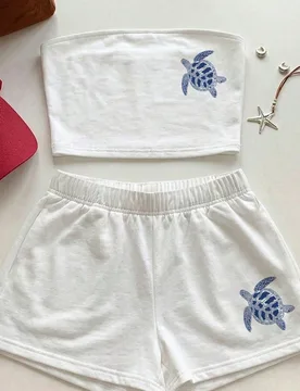 Conjunto de 2 piezas para mujer en blanco con estampado de tortuga marina azul - Estilo de vacaciones Y2K, look lindo y suave de chica limpia y retro - Shein - FashionsVida
