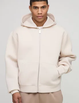 Herren Oversized Boxy Bonded Scuba Zip-Through Hoodie Sweatshirt Stone Größe Large - boohooMAN - FashionsVida
