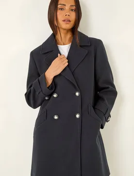 Women's Petite Double Breasted Collared Peacoat in Navy Size: 18 - Navy - Size: 18 - Roman - FashionsVida