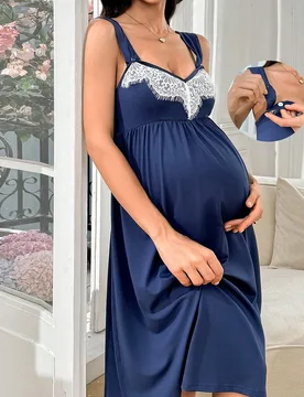 Camisón de maternidad con cuello de encaje de color contrastante, escote en V y cintura ajustable - Shein - FashionsVida