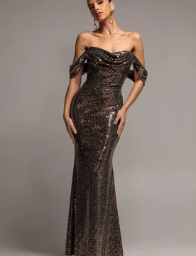 Women's Sequin Lurex Off-Shoulder Cowl Bardot Maxi Dress in Gold Size: 12 - Gold - Size: 12 - Goddiva - FashionsVida