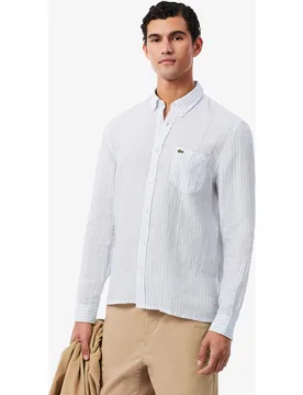 Camisa de hombre de lino de corte regular de rayas de manga larga - Lacoste - FashionsVida