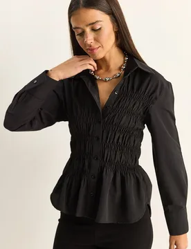 Womens Regular-Fit Cotton-Blend Poplin Shirt - Black - Size Large - Bianco Lucci - FashionsVida