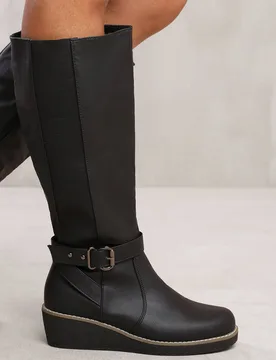 Women's 'Jacinta' Wedge Heel Knee High Boots With Elastic Panel in Black Size: 5 - Black - Size: 5 - Where's That From - FashionsVida