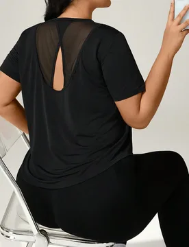 Camiseta deportiva de manga corta holgada con parches de malla y espalda hueca, adecuada para uso diario casual, correr, yoga, gimnasio, tenis, golf, - Shein - FashionsVida