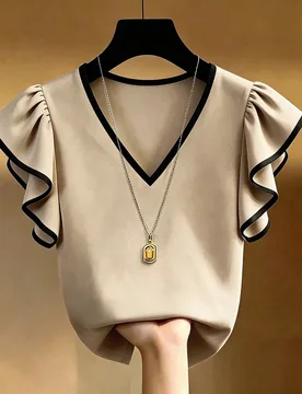 Blusa de mujer de estilo francés con cuello en V, contraste negro & blanco, volantes, manga corta, de gasa, nueva para verano, para ir al trabajo, el - Shein - FashionsVida
