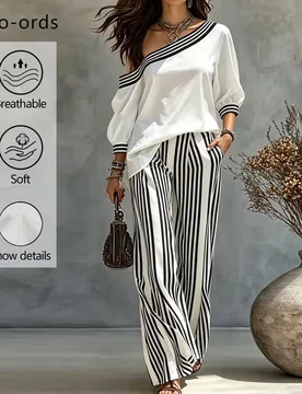 Conjunto de 2 piezas para mujer con top minimalista de hombro asimétrico y pantalones a rayas con bloques de color y bolsillos XL - Shein - FashionsVida
