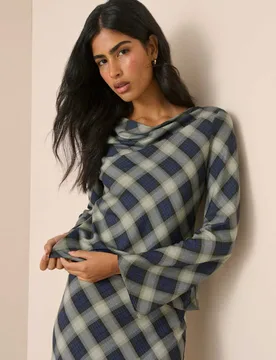 Checked Cowl Neck Blouse Blue female - Nobody's Child - FashionsVida
