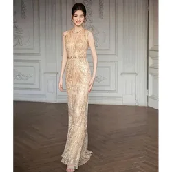 Heavy industry golden fishtail evening dress toasting sequined banquet elegant host