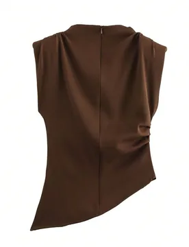 Chaleco sin mangas con hombros acolchados de unicolor elegante para mujer, camiseta ajustada de verano con cremallera asimétrica con volantes y casua - Shein - FashionsVida