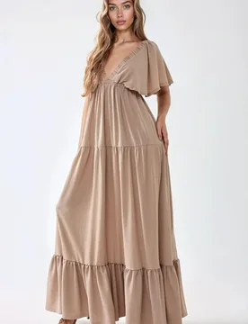 Womens Textured V-Neck A-Form Maxi Dress - Mocha - Size X-Large - Hiccup - FashionsVida