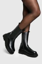 Womens Chunky Cleated Calf High Chelsea Boots - Black