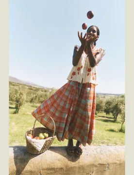 Cotton Rich Checked Midi A-Line Skirt Orange Mix female - Monsoon - FashionsVida