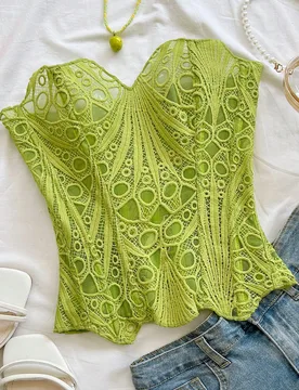 Top Bustier Corsé Sexy con Bandeau de Encaje en Capas, Top Bordado con Recortes, Adecuado para Vacaciones, Discoteca, Invitada de Boda, Otoño XS - Shein - FashionsVida