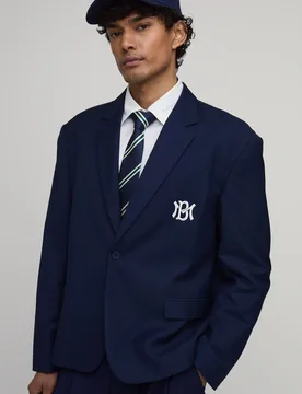 Mens Embroidered Oversized Blazer - Navy - boohooMAN - FashionsVida
