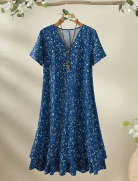 Vestido de manga corta con estampado floral azul bebé para mujer de talla grande, atuendos de vacaciones de verano estilo boho, estilo campestre casu - Shein - FashionsVida