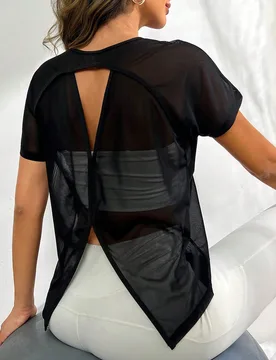 Camiseta deportiva transparente con espalda dividida y recorte sin sujetador, camiseta básica para gimnasio para mujeres - Shein - FashionsVida