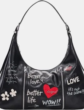 Bolso hombro grande efecto piel con grafismos de corazones y mensajes - Desigual - FashionsVida