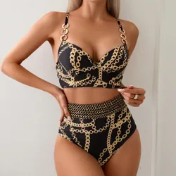 Conjunto De Traje De Baño Estampado Con Patrón De Cadena Para Mujer Carnaval L