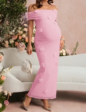 Vestido elegante de fiesta de unicolor con hombros descubiertos y decoración floral 3D para mujeres embarazadas S - Shein - FashionsVida