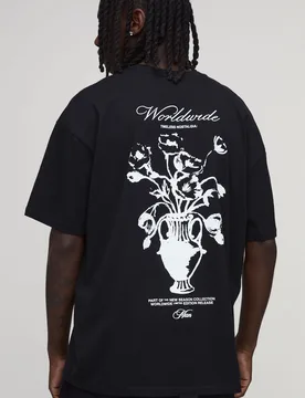 Mens Black Oversized Floral Vase Print T-Shirt Cotton - Size Large - boohooMAN - FashionsVida