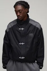Herren Übergroße Kastenförmige Jacke Mit Metallverschluss Und Stehkragen Aus Nylon Black Größe Medium