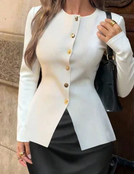 FOR BEAUTY Blazer de punto ajustado para mujer, cárdigan de manga larga con cuello redondo y botones dorados, elegante prenda de punto blanca XL - Shein - FashionsVida
