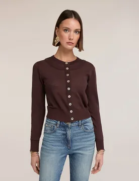 Chaqueta de mujer de punto en mezcla de lino modelo regular cierre frontal con cuello redondo y botones a la vista - Motivi - FashionsVida