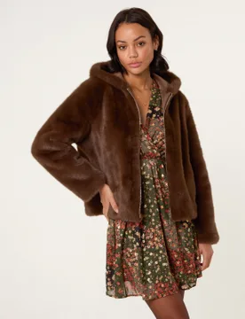 Faux Fur Hooded Jacket - 14/16 / COFFEE - female - Blue Vanilla - FashionsVida
