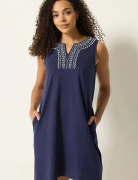 Women's Embroidered Notch Neck Cotton Midi Dress in Mid Navy Size: 12 - Mid Navy - Size: 12 - M&Co - FashionsVida