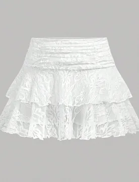 Falda mini A-line de encaje blanco jacquard para niña preadolescente, elegante, versátil para vacaciones, trabajo y novia, con textura calada y frun - Shein - FashionsVida