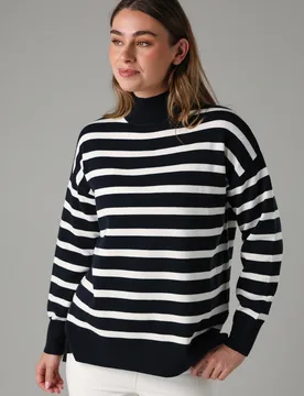 Womens Navy Oversized High Neck Cosy Striped Long Sleeve Jumper - Size X-Small - French connection - FashionsVida