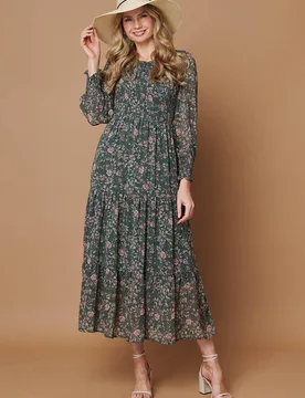 Women's Ditsy Floral Long Sleeve Midi Dress in Green Size: 12 - Green - Size: 12 - Izabel London - FashionsVida