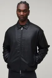 Mens Tall Boxy Fit Pu Textured Harrington Jacket - Black - Size Medium