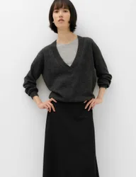 Ribbed V-Neck Double Layer Jumper with Wool Grey Mix female