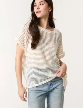 Women's Off White Short Sleeve Round Neck Top in Cream Size: Medium/Large - Cream - Size: M/L - Blue Vanilla - FashionsVida