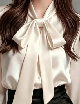 Blusa casual elegante de satén color champán con manga larga y cuello con lazo para mujer de talla grande, top práctico para ir al trabajo, adecuad - Shein - FashionsVida