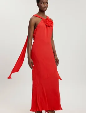 Women's Viscose Georgette Rosette Ruffle Halterneck Maxi Dress in Red Size: 6 - Red - Size: 6 - Karen millen - FashionsVida