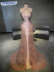 Pink Embroidery Beaded Lace Long Evening Dress Sexy Illusion Sleeveless Wedding Party Gown Customized Graceful Prom Dresses