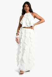 Womens Chiffon Ruffle Maxi Skirt - White - Size 14 Uk