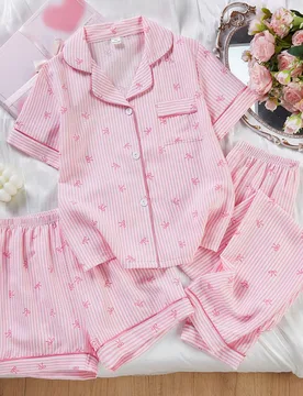 Piezas Conjunto informal y cómodo para niñas - Incluye blusa con lazo a rayas rosa, pantalones y shorts 13Y - Shein - FashionsVida