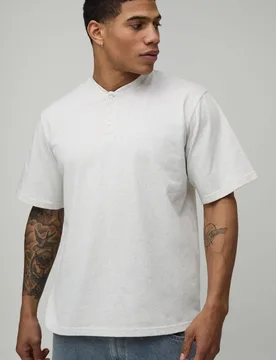 Mens Relaxed Heavyweight Henley T-Shirt - Beige Cotton - Size Medium - boohooMAN - FashionsVida