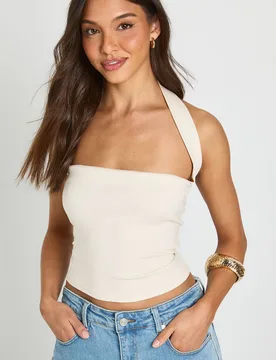 Womens Premium Stretch Contour Halterneck Corset Top - Beige - Size 14 Uk - Boohoo - FashionsVida