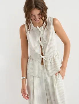 Womens Striped Sleeveless Blouse With Lace-Up Detail - Ivory - Hiccup - FashionsVida