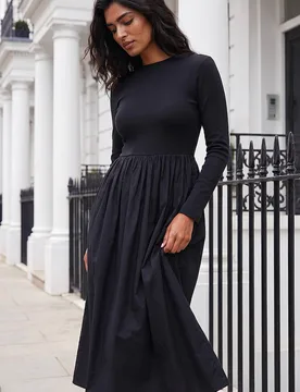 Women's Cotton Stretch Jersey Mix Midi Dress in Black Size: 16 - Black - Size: 16 - Roman - FashionsVida
